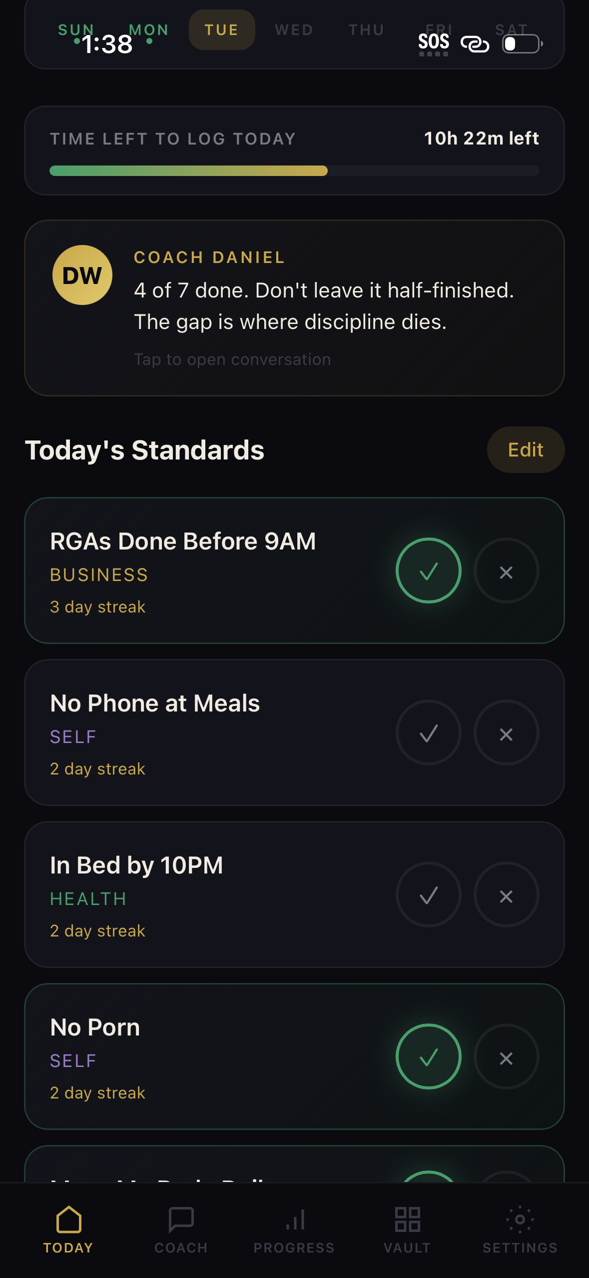 The Standards System home screen and daily check-in